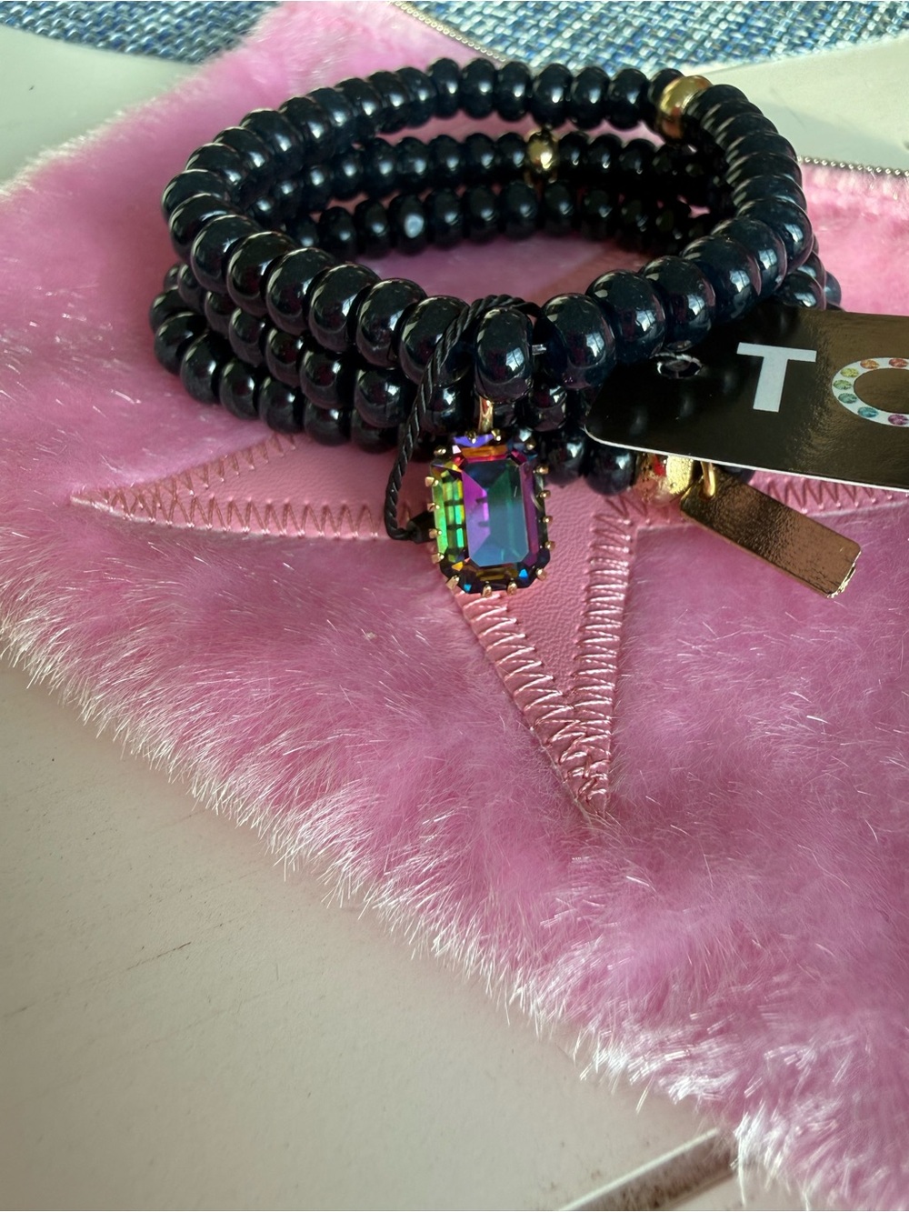 Dark Blue Beaded Wrap Bracelet with Multicolor Gem Charm - Picture 2 of 4